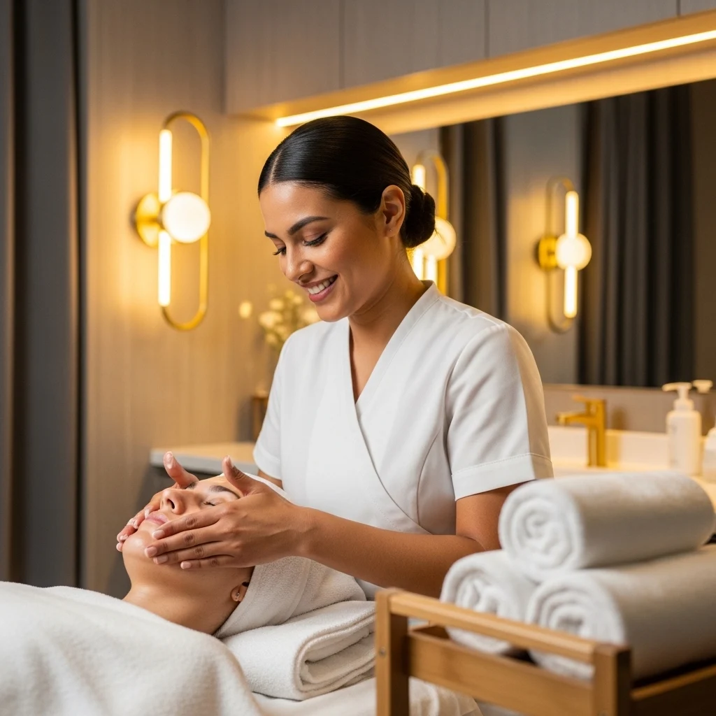 Fotografía profesional de una esteticista latina sonriente aplicando tratamiento facial a una clienta recostada, cabina de spa moderna con luz cálida ambiental y toallas blancas, composición lateral elegante, colores neutros y dorados, estilo editorial de belleza y bienestar premium